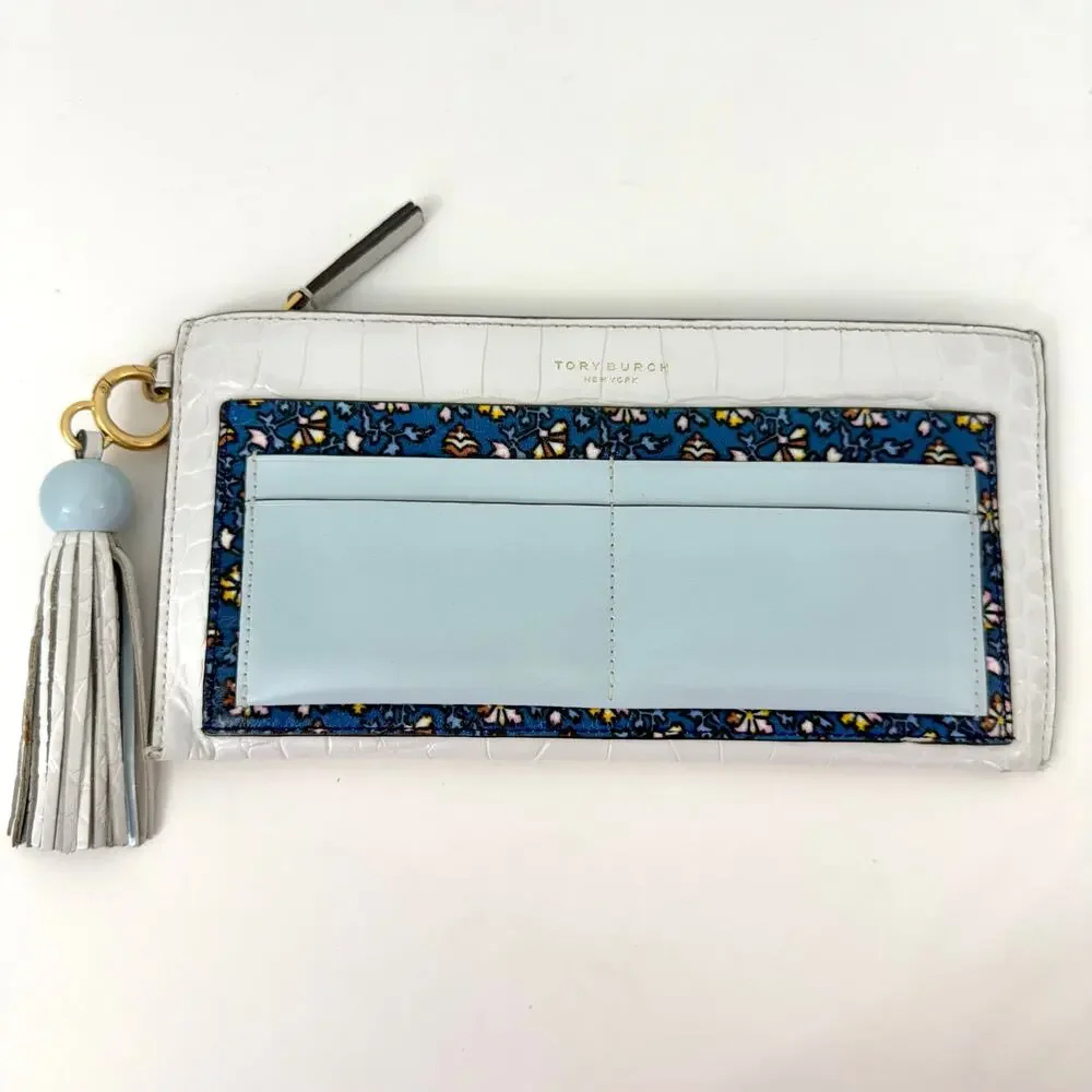 Tory Burch Embossed Leather Wallet Clutch White with Blue Floral Accent